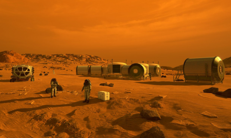 <p>Artist's conception of astronauts and human habitats on Mars. Courtesy: NASA</p>