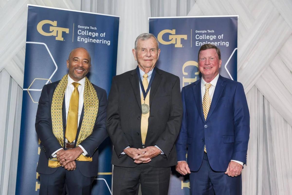 James Robert (Bob) Spencer (center) with College of Engineering Dean Raheem Beyah and co-host Tom Fanning (IM 1979, M.S. IM 1980, Hon. Ph.D. 2013), retired chairman, president, and CEO, Southern Company